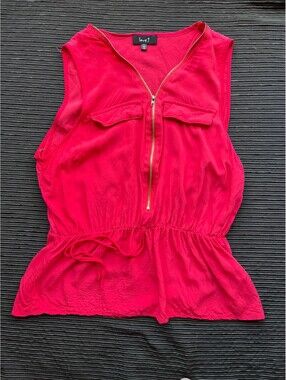 Love J Sleeveless Red Rayon Top with Front Zipper and Drawstring Waist